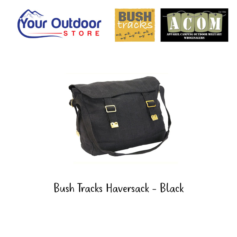 Bush Tracks Haversack - Black. Hero Image Showing Logos and Title. 