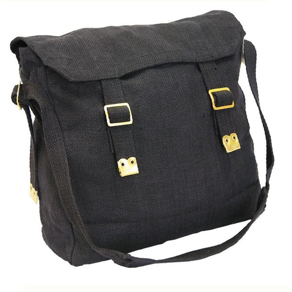 Black | Bush Tracks Haversack. Front View Showing Shoulder Strap and Closure Tabs.