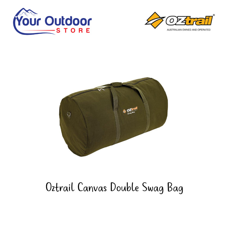 Oztrail Canvas Double Swag Bag. Hero image with title and logos