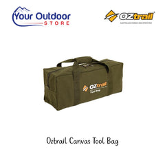 Oztrail Canvas Tool Storage Bag. Hero image with title and logos