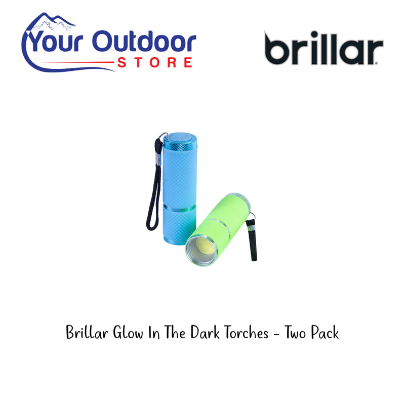 Brillar Glow In The Dark Torches - Two Pack. Hero Image Showing Logos and Title. 