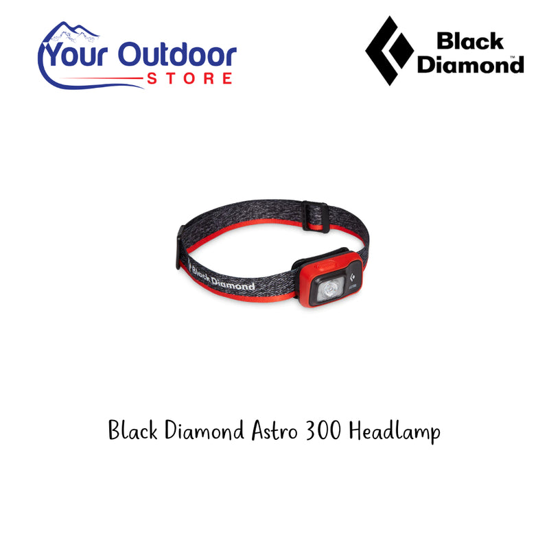 Black Diamond Astro 300 Headlamp. Hero Image Showing Logos and Title. 
