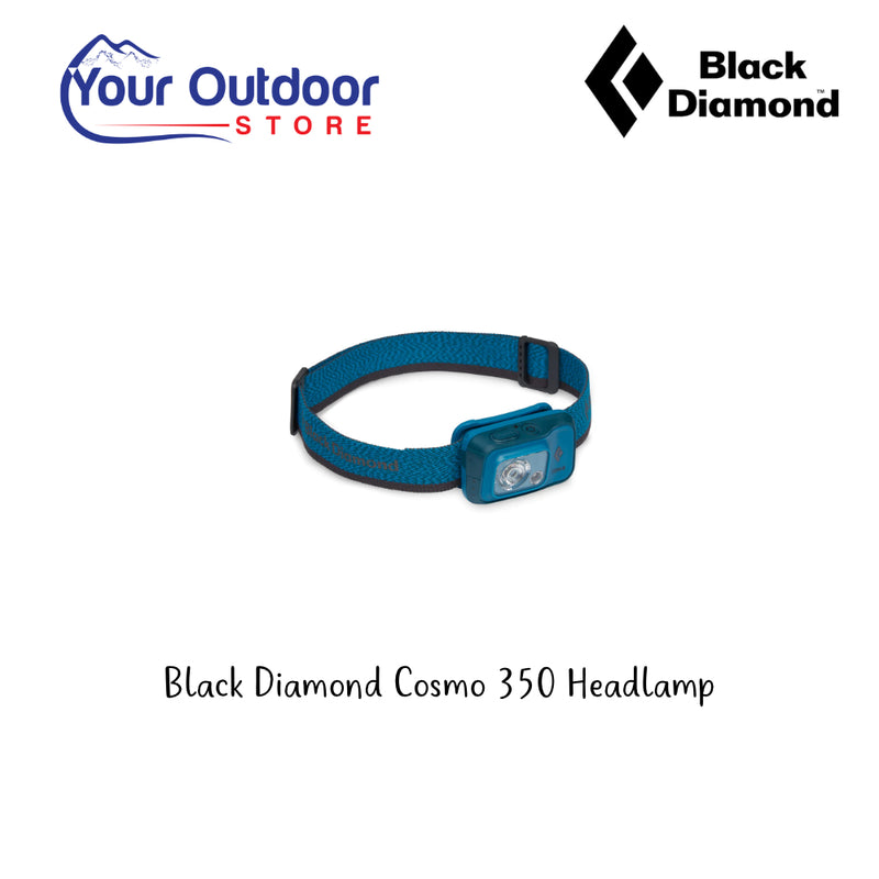 Black Diamond Cosmo 350 Headlamp. Hero Image Showing Logos and Title. 