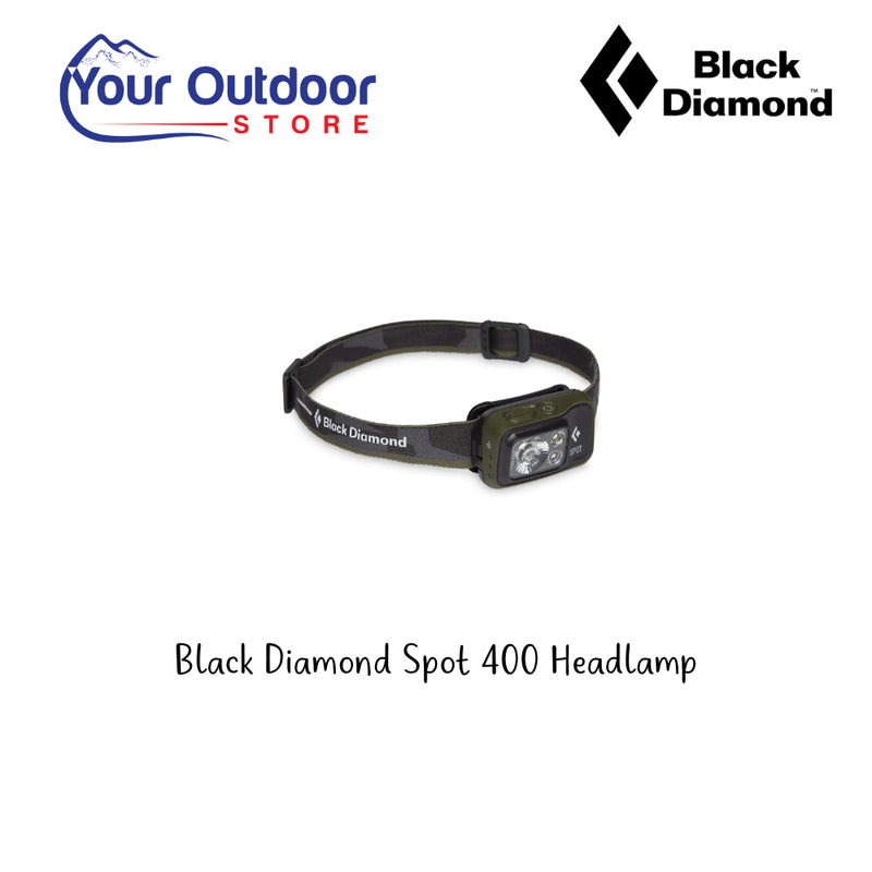Black Diamond Spot 400 Headlamp. Hero Image Showing Logos and Title. 