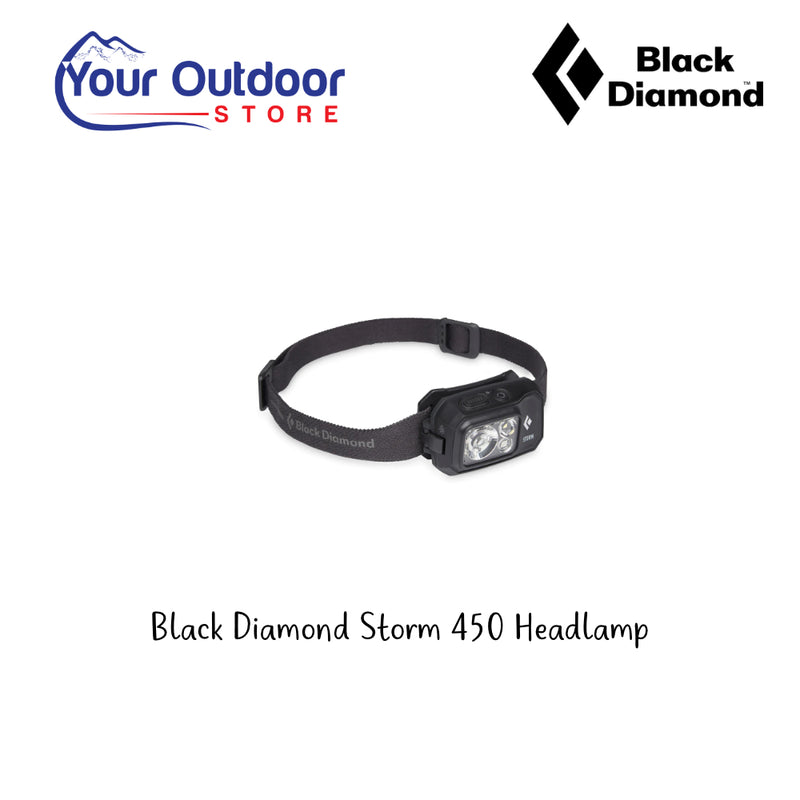 Black Diamond Storm 450 Headlamp. Hero Image Showing Logos and Title. 