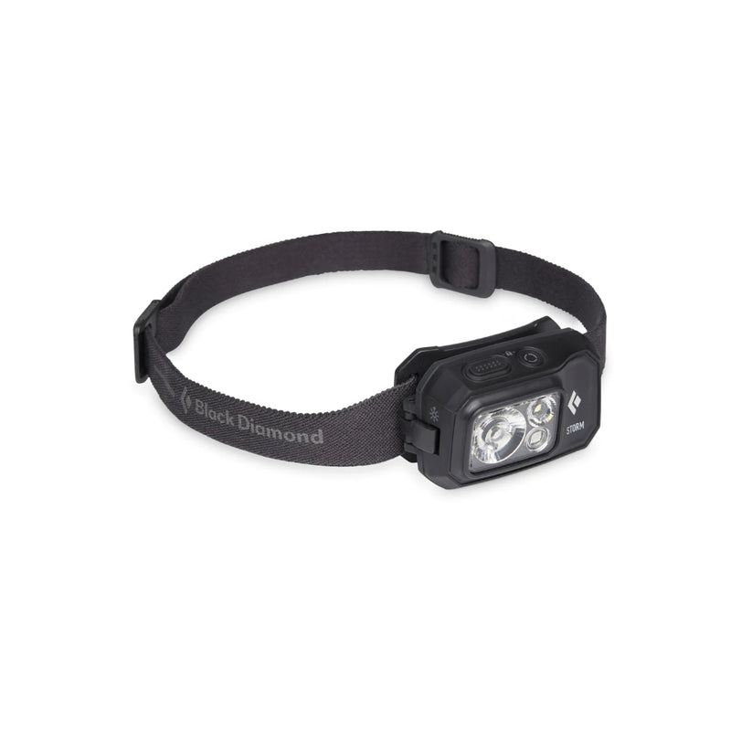 Black | Black Diamond Storm 450 Headlamp. Angled Front View Showing Lamp and Adjustable Headband. 