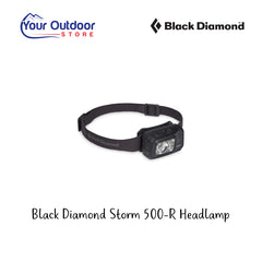 Black Diamond Storm 500-R Headlamp. Hero image with title and logos