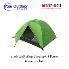 Black Wolf Wasp Ultralight 2 Person Adventure Tent. Hero image with title and logos