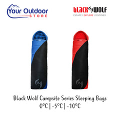 Black Wolf Campsite Series Sleeping Bag. Hero image with title and logos