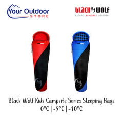 Black Wolf Campsite Kids Series Sleeping Bag. Hero image with title and logos