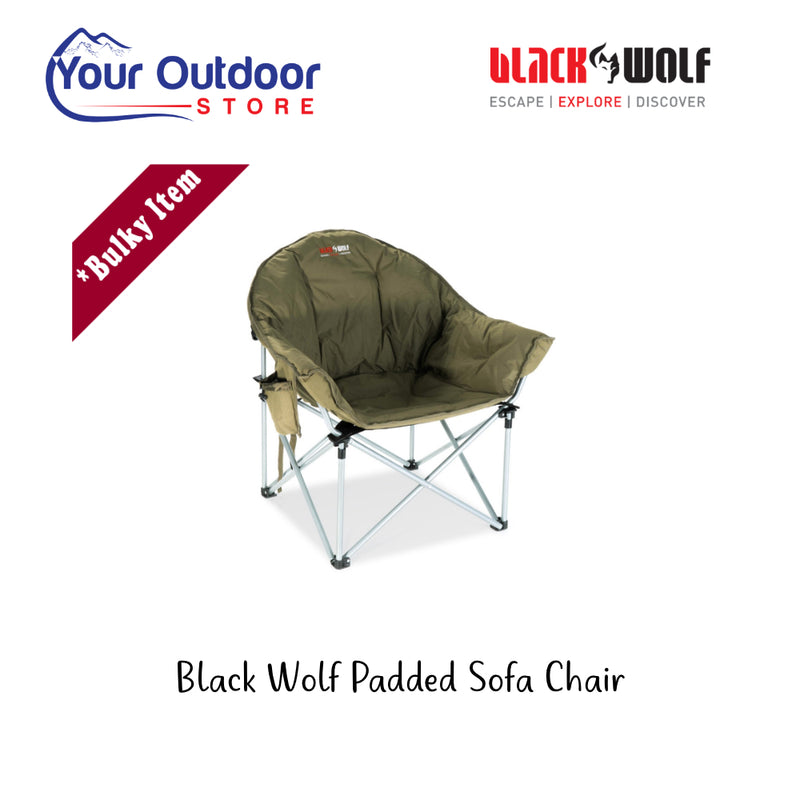 Black Wolf Padded Sofa Chair. Hero image with title and logos