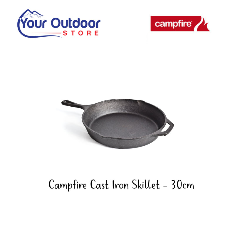 Campfire Cast Iron Skillet - 30cm. Hero Image Showing Logos and Title. 