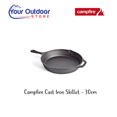 Campfire Cast Iron Skillet - 30cm. Hero Image Showing Logos and Title. 