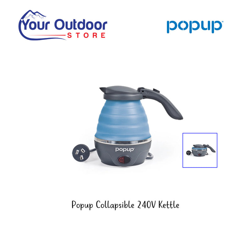 Popup Collapsible 240V Kettle. Hero image with title and logos