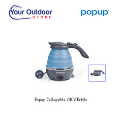Popup Collapsible 240V Kettle. Hero image with title and logos