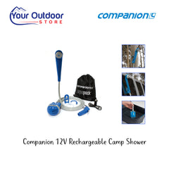 Companion Rechargeable Camp Shower. Hero image with title and logos