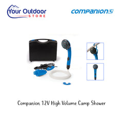 Companion 12V High Volume Camp Shower. Hero image with title and logos