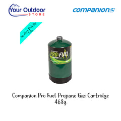 Companion Resealable Propane Cartridge 468G. Hero image with title and logos