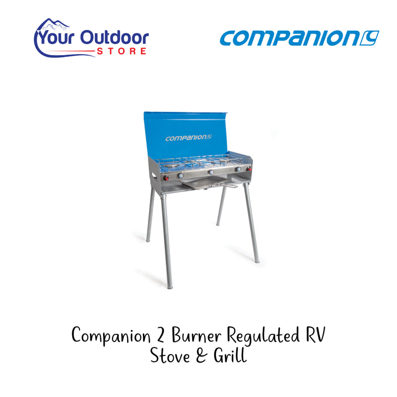 Companion 2 Burner Regulated RV Stove With Grill And Removable Legs. Hero image with title and logo