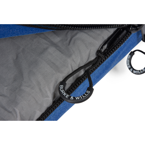 Royal Blue | Close up of zipper tab loops on partially unzipped canvas showing grey mattress cover #colour_royal-blue