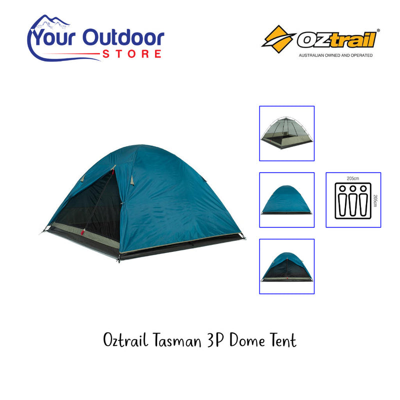 Oztrail Tasman 3 Person Dome Tent. Hero Image with title and logos plus image inserts