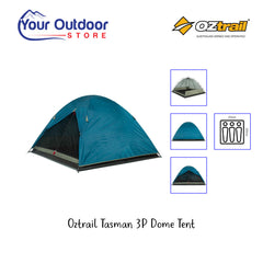 Oztrail Tasman 3 Person Dome Tent. Hero Image with title and logos plus image inserts