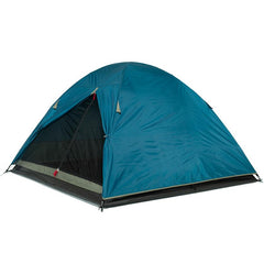Blue | Oztrail Tasman 3 Person Dome Tent. Side with fly door pinned open