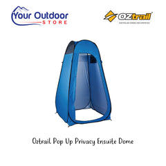 Oztrail Pop Up Privacy Ensuite Dome. Hero image with title and logos