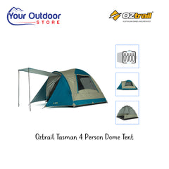 Oztrail Tasman 4 Person Dome Tent. Hero image with title and logos