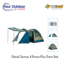 Oztrail Tasman 4V Plus Dome Tent. Hero image with title and logos