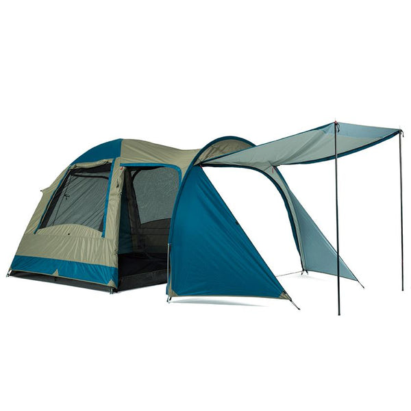 Side view with vestibule side doors open and front awning out