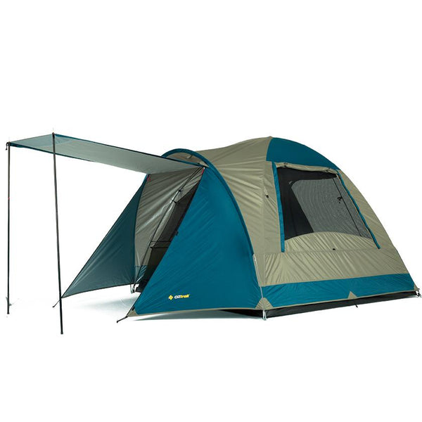 Oztrail Tasman 4 Person Dome Tent. Right Side view, awning out