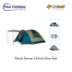 Oztrail Tasman 6 Person Dome Tent. Hero image with title and logos