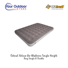 Oztrail Velour Air Mattress Single Height. Hero Image with title and logos