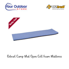 Oztrail Camp Mat Open Cell Foam Mattress. Hero image with title and logos