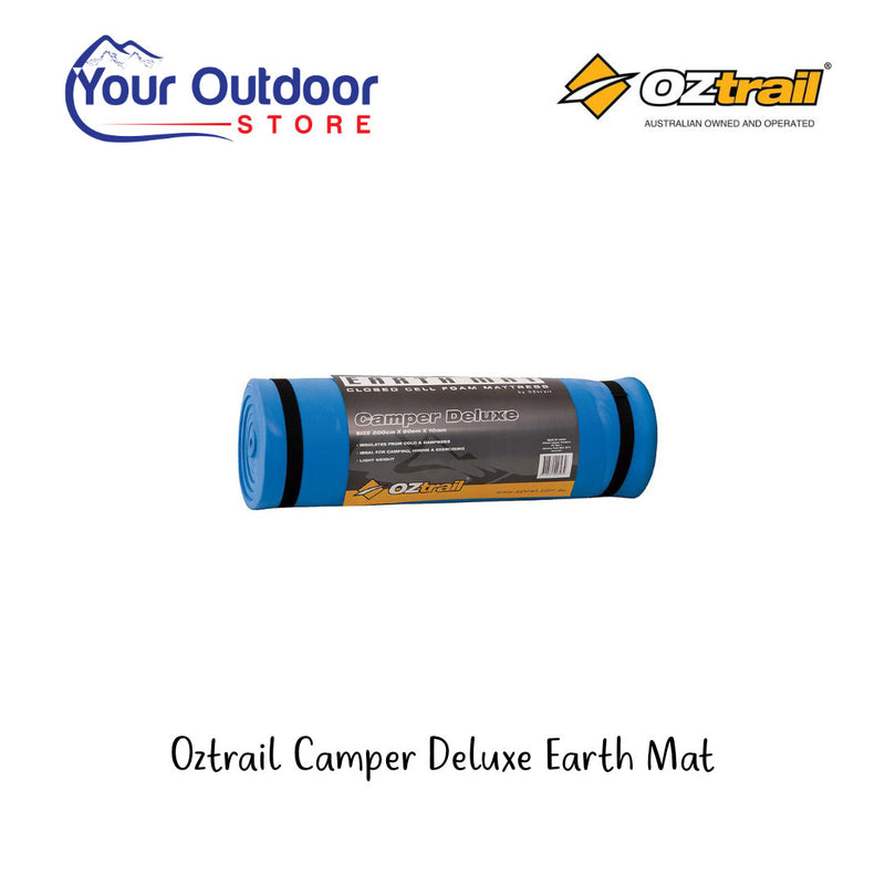 Blue | Oztrail Camper Deluxe Earth Mat. Hero image with title and logos
