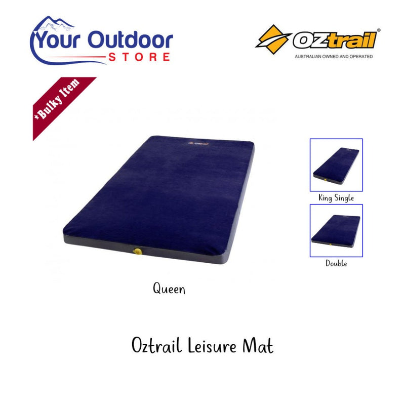 Oztrail Leisure mat, hero image with title and logos with all 3 sizes shown