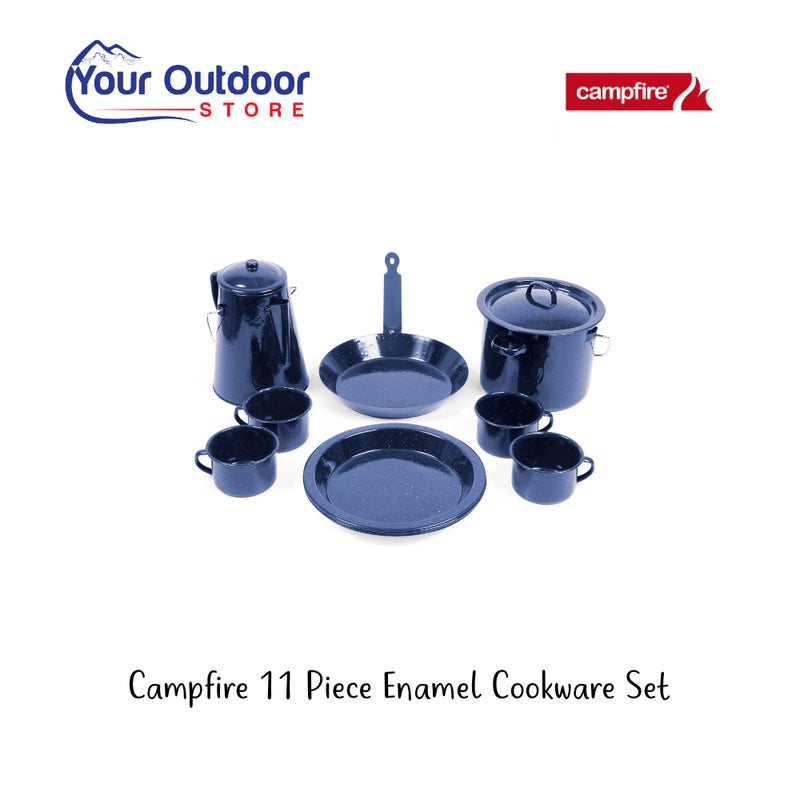 Campfire Classic Enamel 11 Piece Cookware Set. Hero image with title and logos