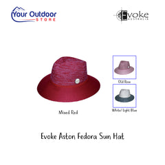 Evoke Aston Fedora Sun Hat. Hero image with title and logos
