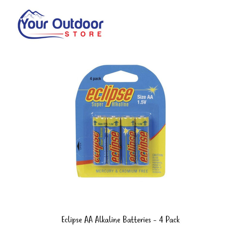 Eclipse AA Alkaline Batteries 4 pack. Hero image with title and logos