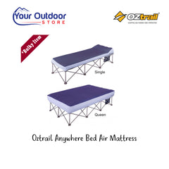 Oztrail Anywhere Bed. Hero image with title and logos