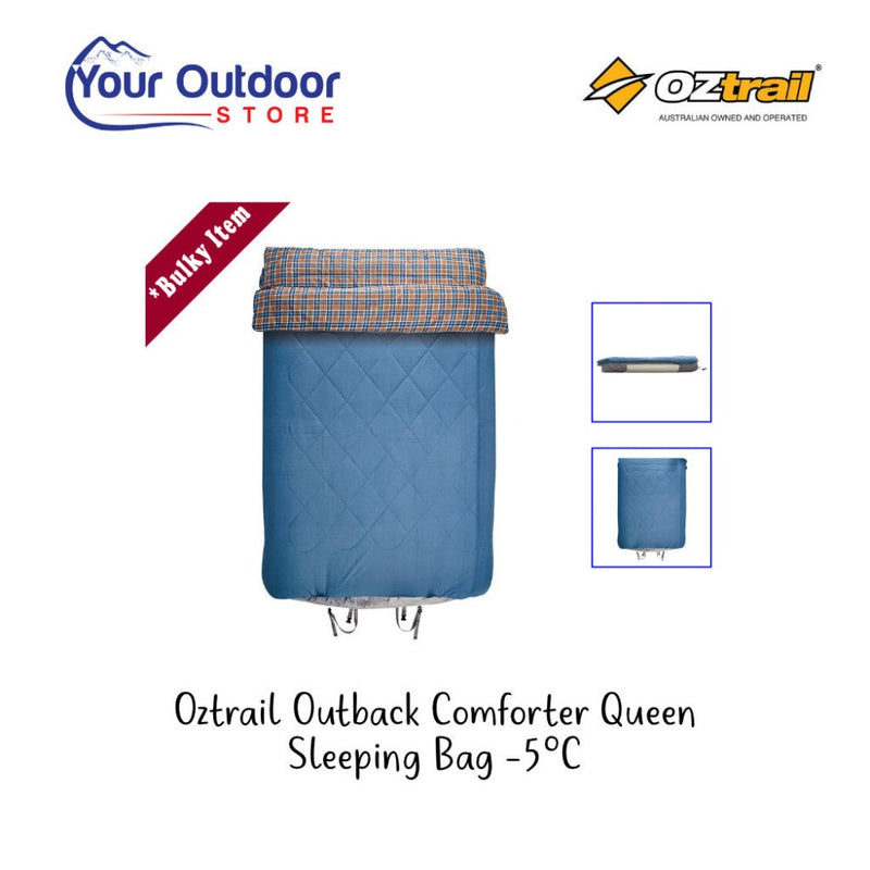 Oztrail outback comforter Queen Sleeping bag hero image with title and logos