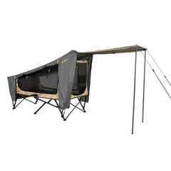 Oztrail easy fold stretcher set up with awning up and sides open