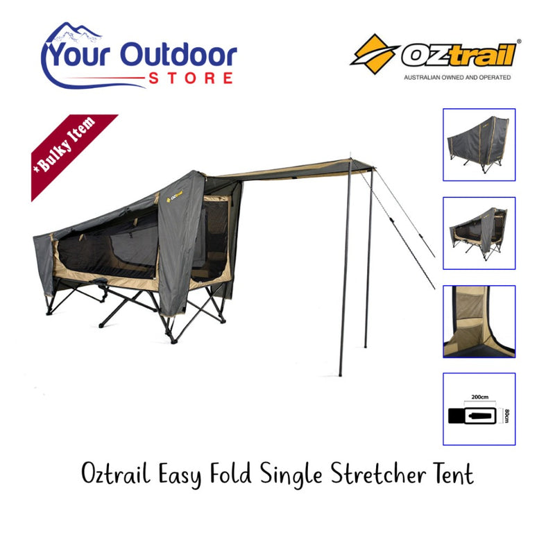 Oztrail easy fold single stretcher tent. hero image with title and logos