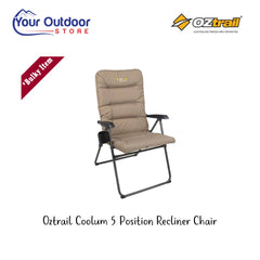 Oztrail Coolum 5 Position Arm Chair. Hero image with title and logos