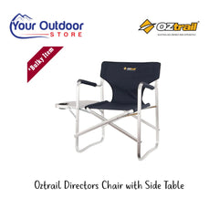 Oztrail Directors Studio Chair With Side Table. Hero image with title and logos