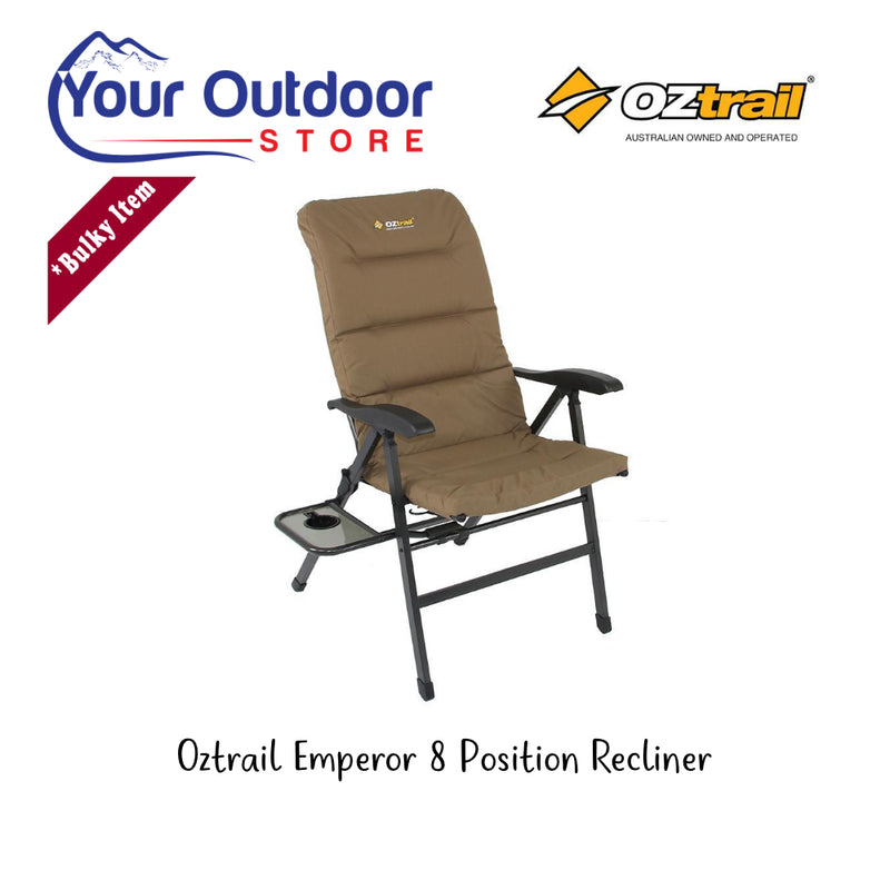 Oztrail Emperor 8 Position Recliner. Hero Image showing Logos and Titles