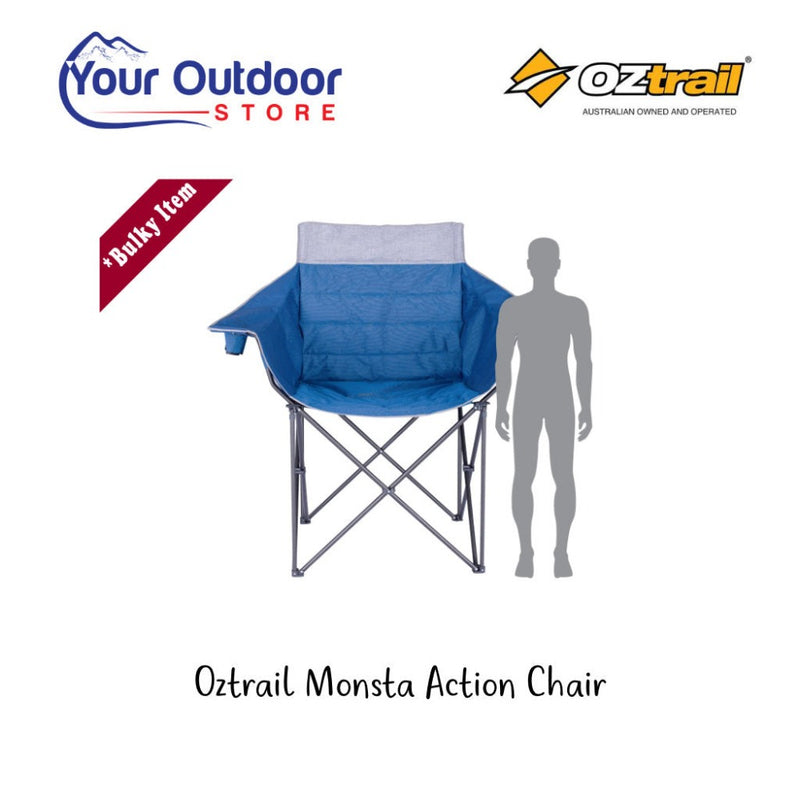 Oztrail Monsta Action Chair. Hero image with title and logos