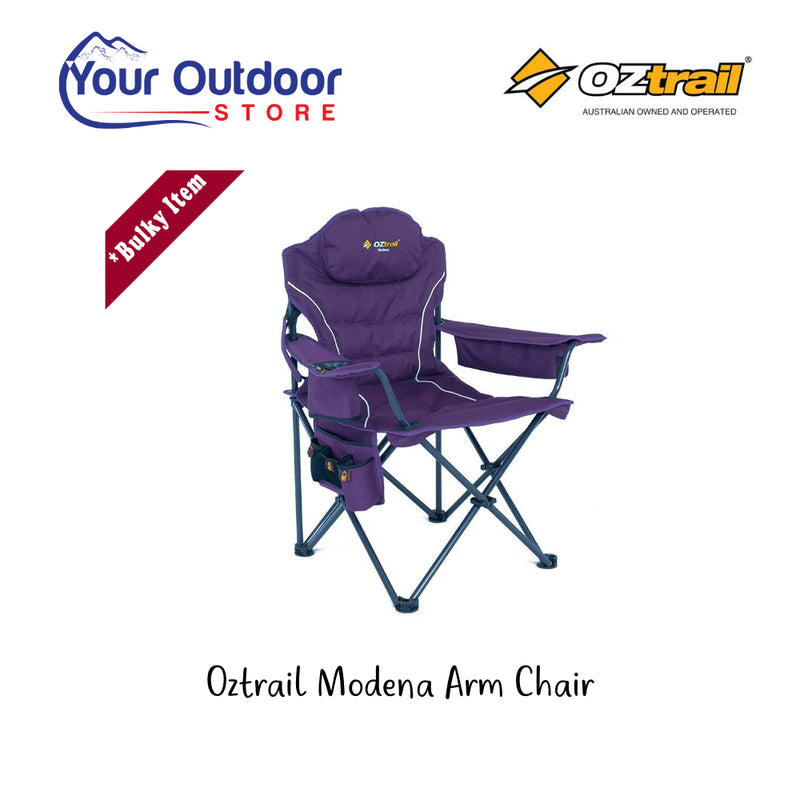 Oztrail Modena Arm Chair. Hero image with title and logos