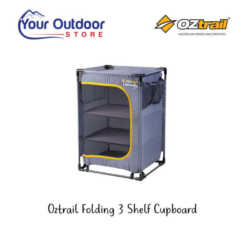 Oztrail Folding 3 Shelf Camp Cupboard. Hero image with title and logos